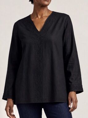 Frangi Black 100% Linen Tonal Embroidered Blouse